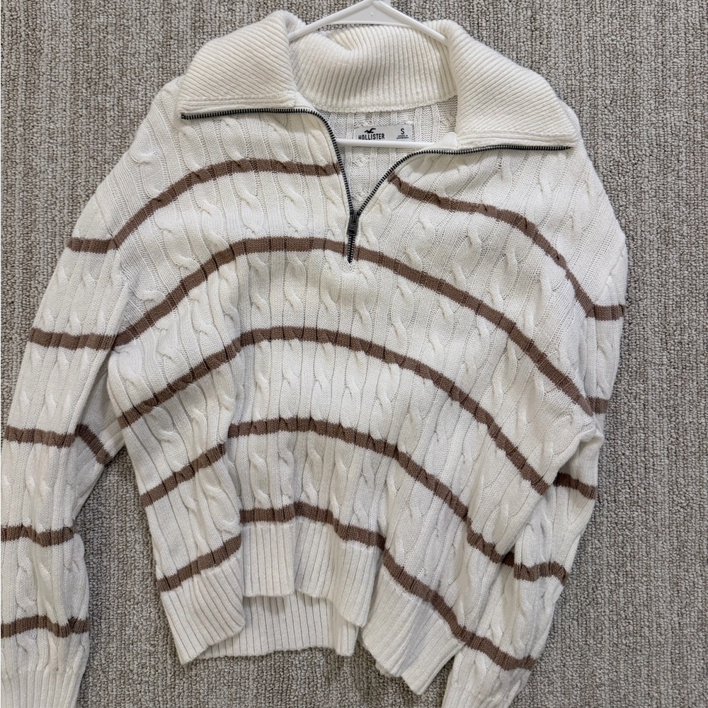 Hollister Cream and Brown Striped Turtleneck Sweater